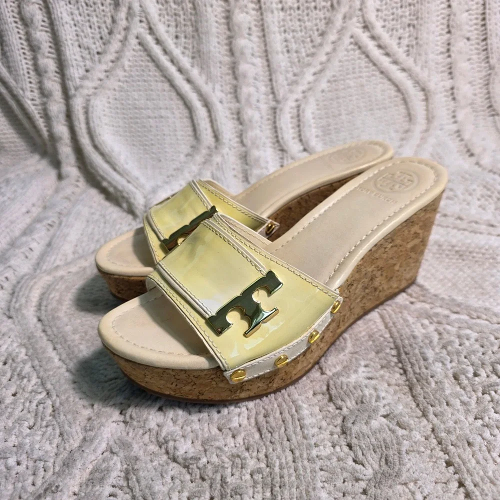Tory Burch Miller Cork Wedge Sandals Yellow Patent Leather‎ Womens 6.5M